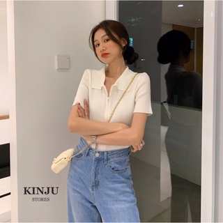 Kinju stores l sweater top (พร้อมส่ง) เสื้อแฟชั่นเกาหลีมีซิป รูดได้จริง คอปก ผ้าร่อง เข้ารูปสวยมากค่า