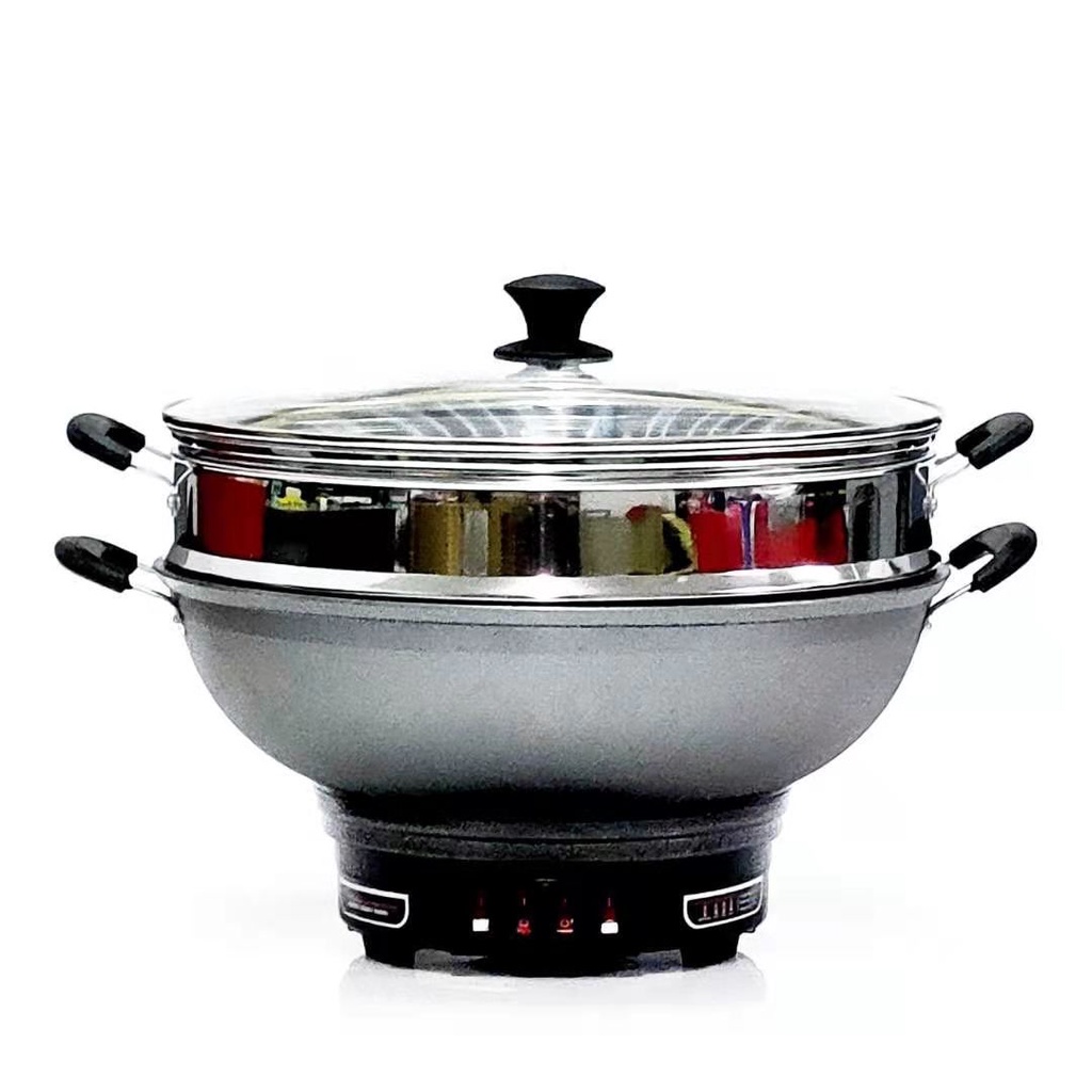 ข้อเสนอพิเศษ 38CM COOKER CAST IRON POT electric wok multi-function household hot pot plug-in steaming and cooking integr