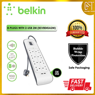 Belkin ปลั๊กไฟกระชาก 8 ปลั๊ก พร้อม USB 2 ช่อง (2 เมตร) BSV804SA2M