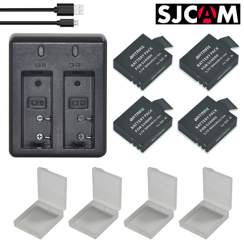 4pcs SJCAM sj4000 Battery 900MaH + USB Dual Charger Bateria sj7000 sj5000 sj6000 sj8000 SJ M10 for S