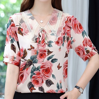 Women Blouse Plus Size Korean Style Fashion Floral Printed Short-Sleeve Blouse Tops