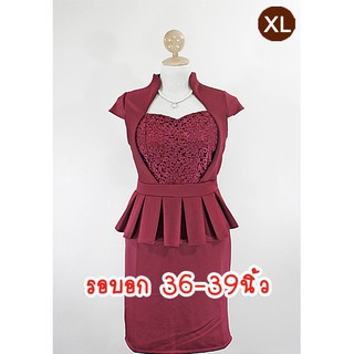 E1311-6-XL-ชุดเดรสคนอ้วน สีแดงเลือดหมู ผ้าลูกไม้และผ้ายืดเนื้อหนานิ่ม(ผ้ามิลิน) คอตั้ง แขนล้ำ กระโปรงทรงสอบ