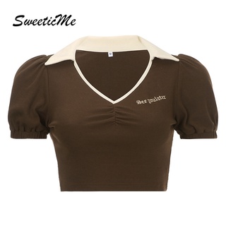 Sweeticme เสื้อยืดแขนสั้น คอปก โชว์สะดือ สีคอนทราสต์ สําหรับผู้หญิง 2022