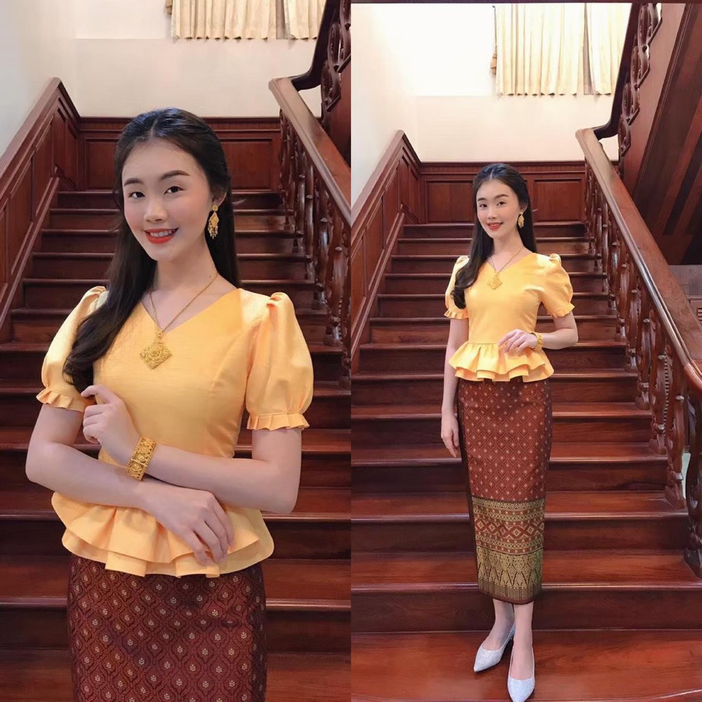 เสื้อลาว เสื้อไหมหม่อนอินเดียอัดกาว มีอก 32-50" (ราคาเฉพาะเสื้อ) ชุดไทยบรรเจิดแบรนด์