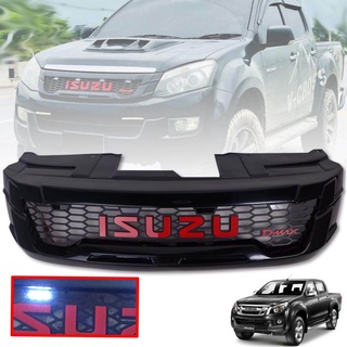 กระจังหน้า หน้ากระจัง มีไฟ LED 4 จุด รุ่น อิซูซุ ดีแม็กซ์ ISUZU D-MAX DMAX ปี 2012 - 2015 โลโก้แดง ไฟสีขาว 1 ชิ้น