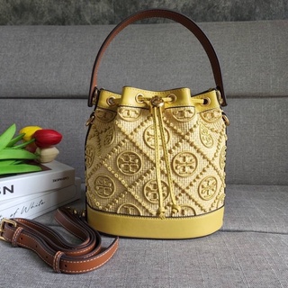 TORY BURCH T MONOGRAM  STRAW BUCKET BAG