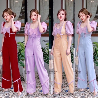 PP17327 Jumpsuit จั้มสูทขายาวสีทูโทนแขนพอง