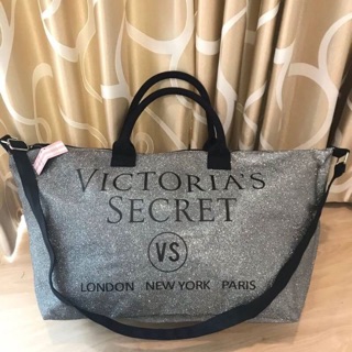 💕Victorias Secret CANVAS GLITTER GREY LARGE RUNWAY SLING BAG