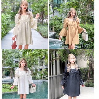 New🍂Mini dress เดรส มินิเดรสสั้นแขนยาวคอเหลี่ยมสม็อคหลังสไตล์มินิมอลป้ายmesa