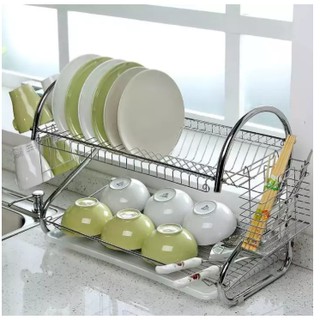 ชั้นคว่ำจานสแตนเลสอเนกประสงค์ 2 ชั้น 2 Tiers S Shape Dish Cup Drying Rack (Silver)