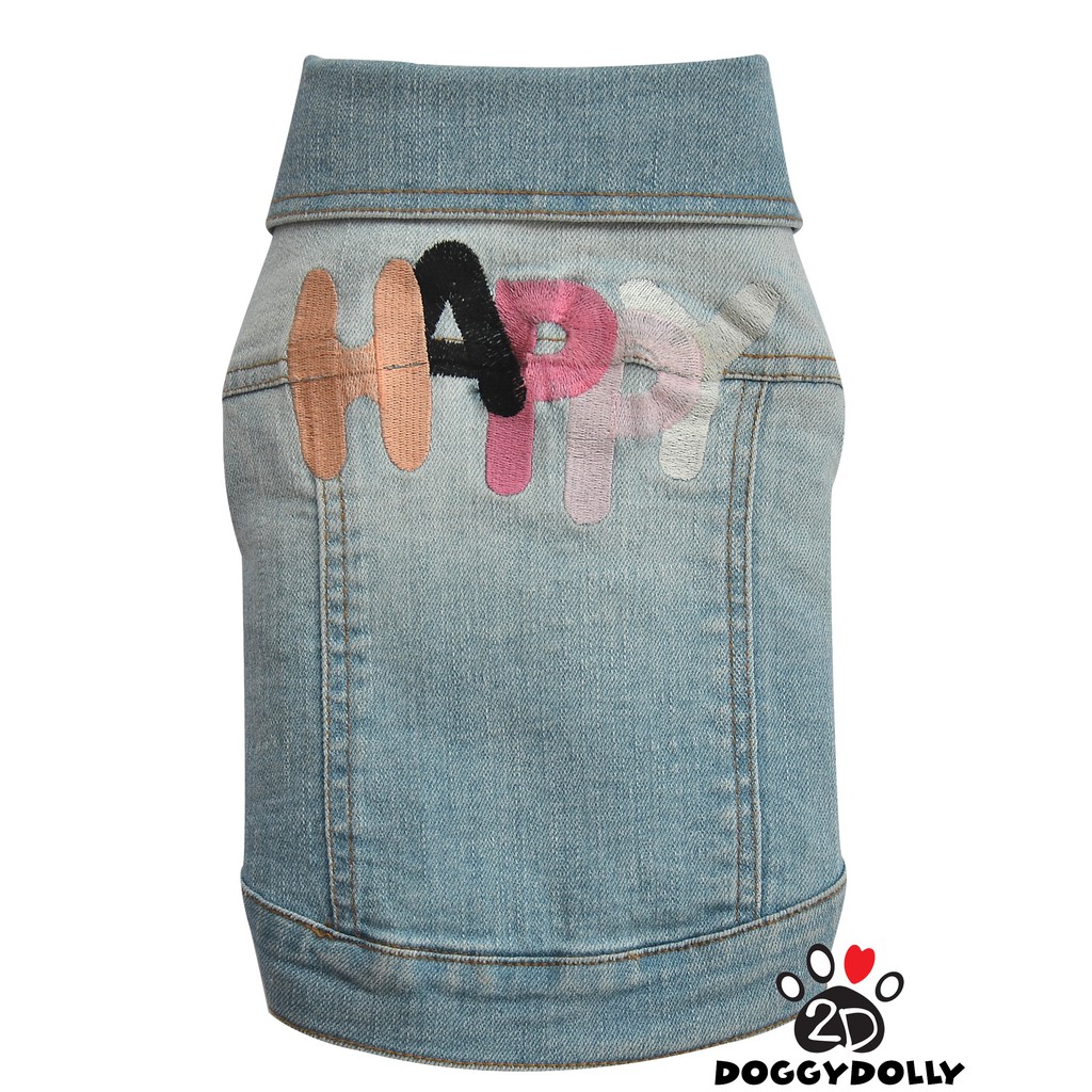 Petcloths -Doggydolly  เสื้อผ้าแฟชั่น สัตว์เลี้ยง ชุดหมาแมว  แจ๊คเก็ตยีนส์  Happy ยีนส์ฟอก  DJ051