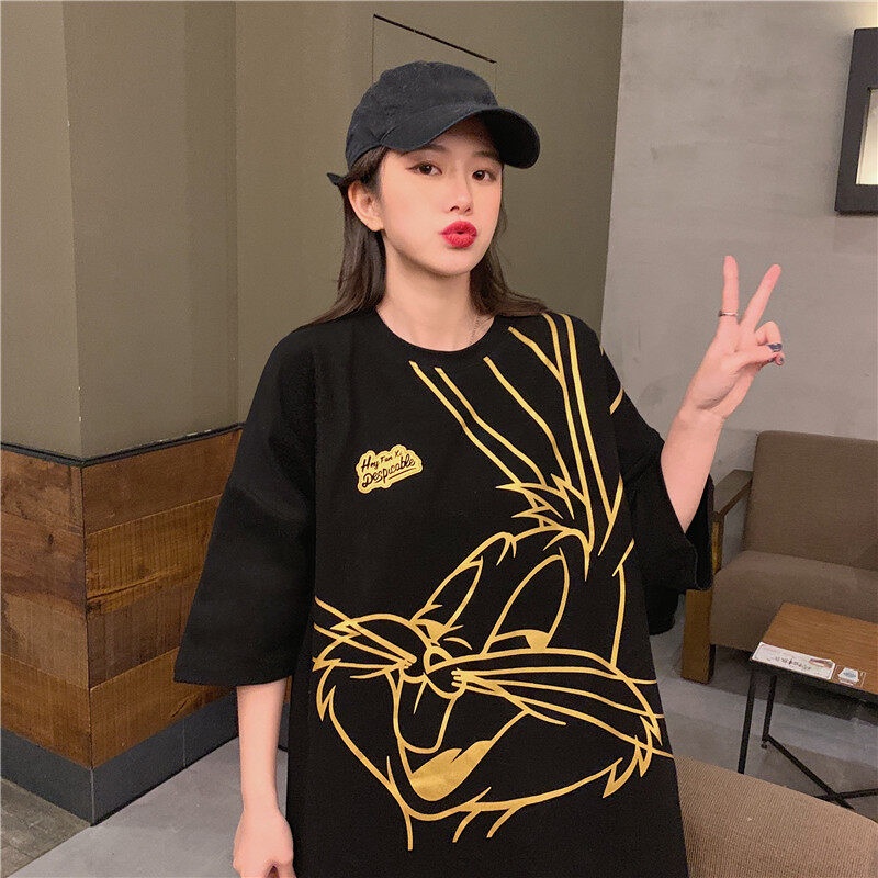 ฤดูร้อนหลวมเวอร์ชั่นเกาหลีของอินเทรนด์สไตล์ฮาราจูกุสาวถนนสายกลางหวานและเย็นแขนสั้น (เสื้อยืด/ลายกระต่าย)