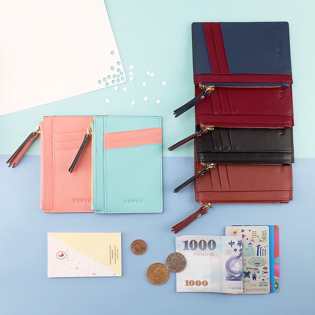 (มีโค้ดส่วนลด)พร้อมส่ง Vavia Zipped Card Purse กระเป๋าใส่บัตรแบบซิป  หนังวัวแท้ มี 8 ช่อง