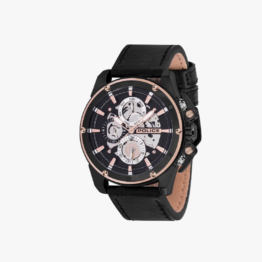 Police นาฬิกาข้อมือผู้ชาย Police Black Leather Multi-function Splinter watch รุ่น PL-14688JSBS/02