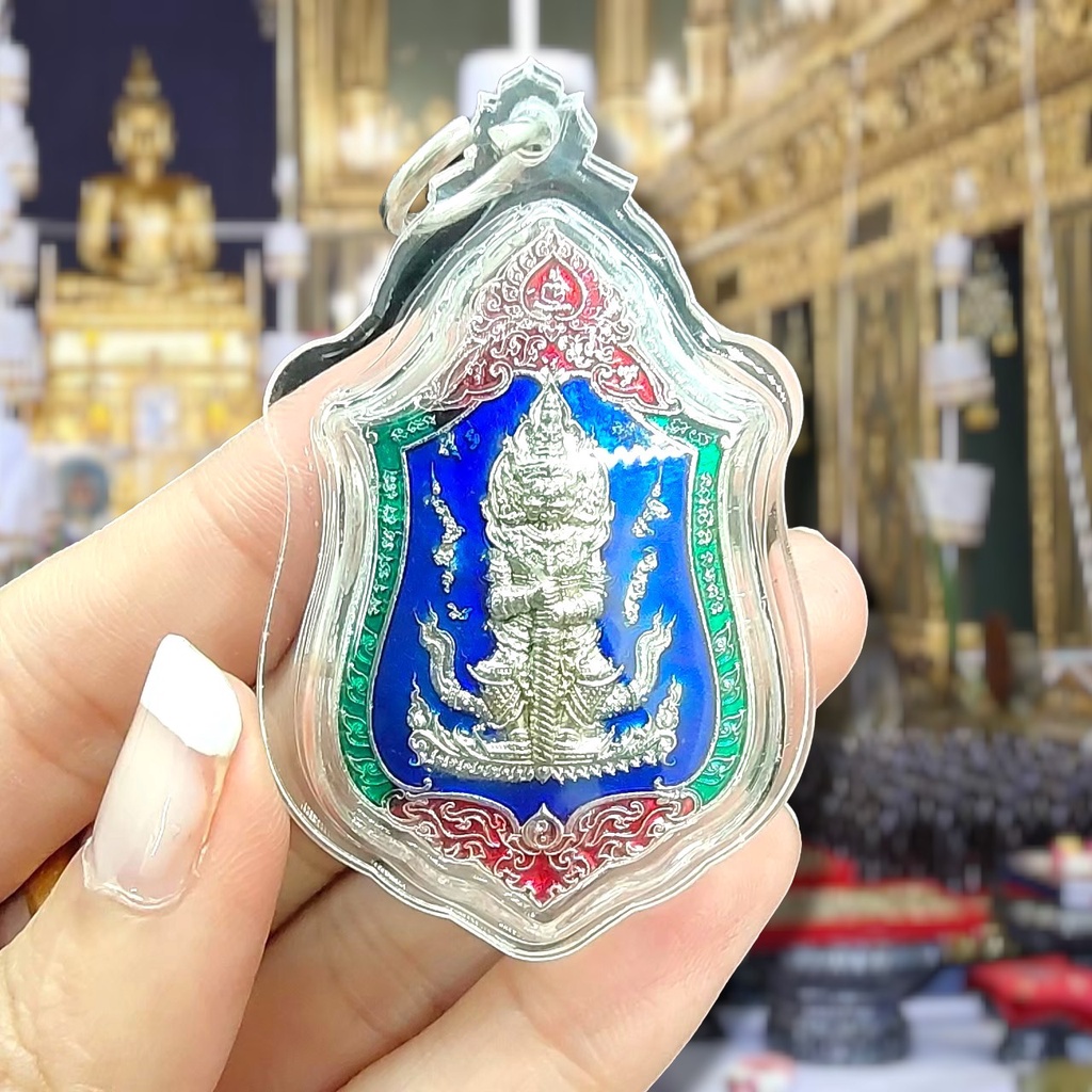 เหรียญท้าวเวสสุวรรณ เนื้อกะไหล่เงินลงยา(คละสี) เลี่ยมกรอบกันน้ำ วัดจุกเฌอ ที่ระลึกงานบุญกฐินปลุกเสกโดยพระอาจารย์ช้า