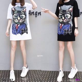 👗Pfashion [ส่งไว!!🚛] "P3217 มินิเดรสผ้าสกูบ้า งานพิมพ์ลายน้องแมวเหมียวใส่แว่น Scuba mini dress Cat print with