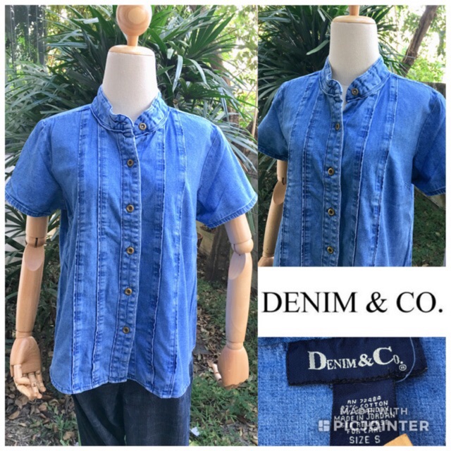 2sis1bro แบรนด์แท้ Denim & Co. เสื้อเชิ้ต เสื้อยีนส์ ทรงตรง คอปิด มือสอง พร้อมส่ง sz S