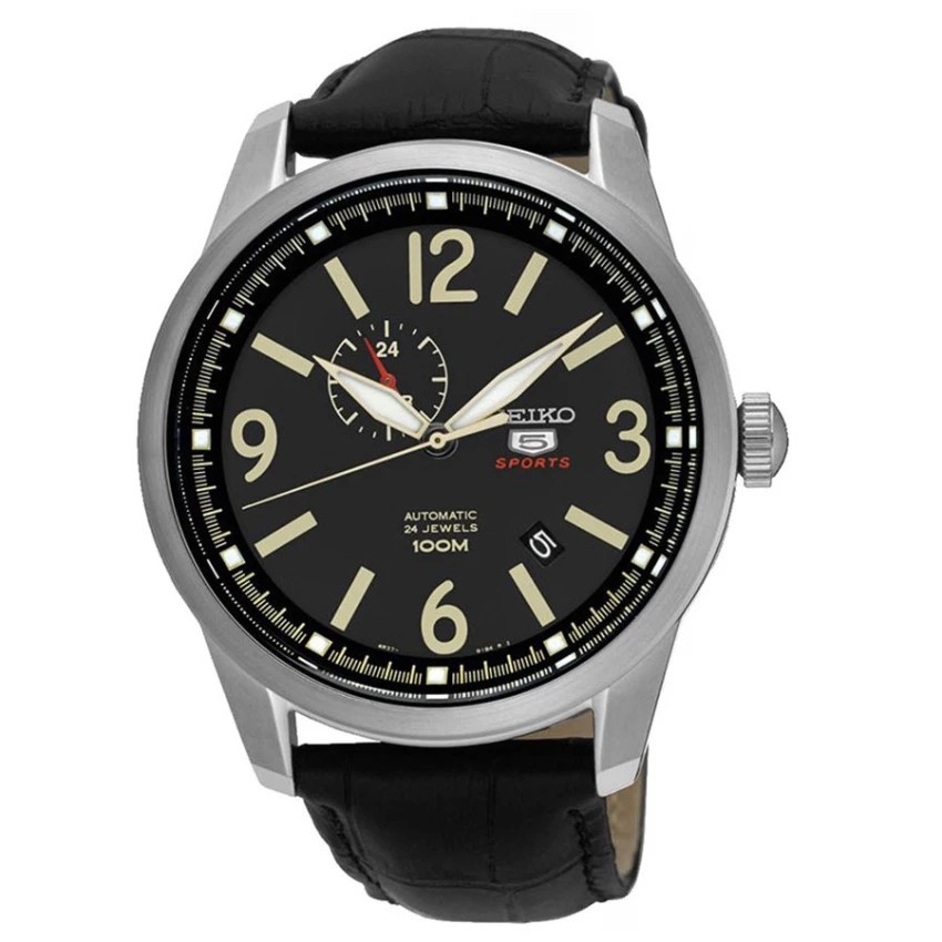 SEIKO นาฬิกาข้อมือผู้ชาย SPORTS 5 Automatic สายหนังแท้ รุ่น SSA297 - สีเงิน/สีดำ