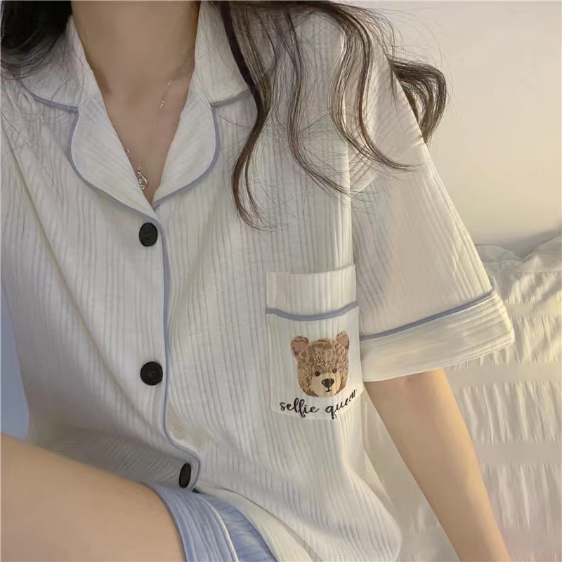พร้อมส่ง ชุดนอนแขนสั้นขาสั้น ผู้หญิง INS ผ้าคอตตอน