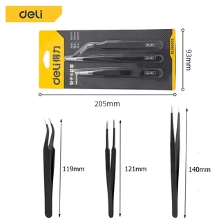 Deli 3ชิ้น ปากคีบ แหนบ ที่คีบเพชร ปากคีบตรง ปากคีบโค้ง ปากขบกันหมดไม่มีบาก ป้องกันไฟฟ้าสถิตย์ วัสดุสแตนเลส tweezer