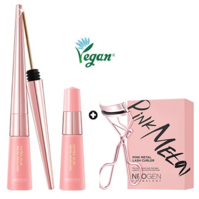 [ Neogen ] มาสคาร่า แปรงโลหะ แบบบางพิเศษ 2.5 มม. สีชมพู 6 มล. + รีฟิล 6 มล. + ที่ดัดขนตา โลหะ สีชมพู