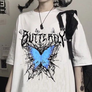 【ผ้าฝ้ายแท้】Harajuku เสื้อยืดที่สวยงาม Gothic ผีเสื้อ Punk การ์ตูนแขนสั้น O-Neck Top ผู้หญิงฤดูร้อนโดยตรงหลวม Oversize S