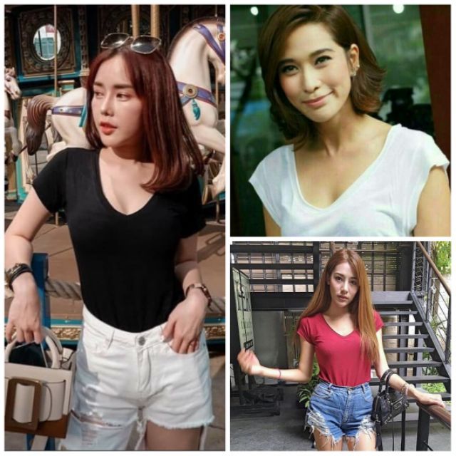 พร้อมส่งTOPSHOP🌸เสื้อยืดคอวี เรย่อน  ทรงสวยใส่สบาย🌸งานป้าย