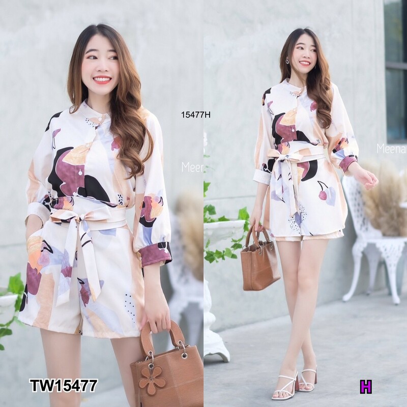 CS15477 Set 2 ชิ้น เสื้อคอจีนแขนสโลปแขน 5 ส่วน ติดกระดุมด้านหน้า + กางเกงขาสั้น