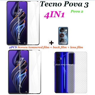 (4 In 1) Tecno Pova 3 Pova 2 Pova Neo ฟิล์มกระจกนิรภัย 2 ชิ้น ฟิล์มเลนส์ 1 ชิ้น ฟิล์มคาร์บอนไฟเบอร์ 1 ชิ้น