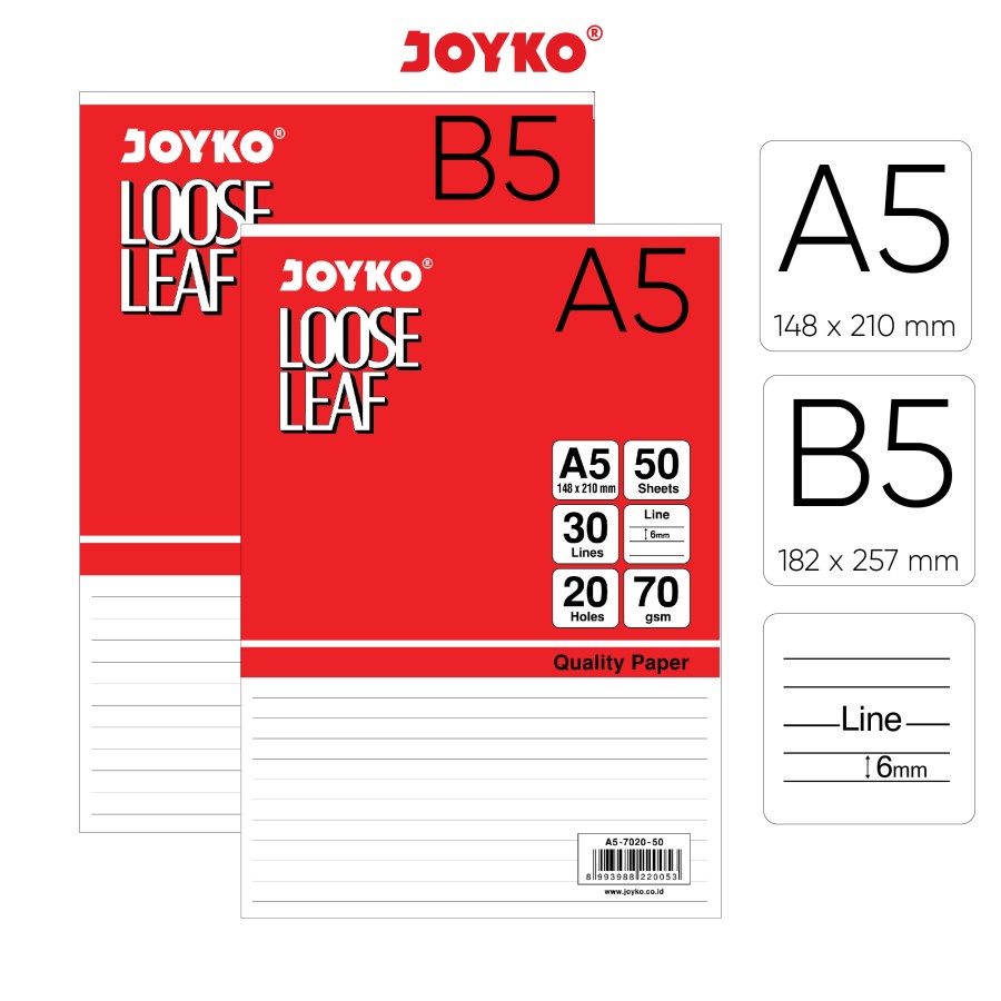 Joyko Loose Leaf Line B5-7026-100 & A5-7020-100 - 100 แผ่น (70 แกรม)