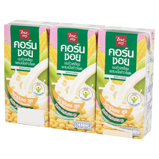 🔥แนะนำ!! บีเอสซี ซอย นมถั่วเหลืองผสมเนื้อข้าวโพด รสคอร์นซอย สูตรหวานน้อย 180มล. x 3 กล่อง BSC Soy So