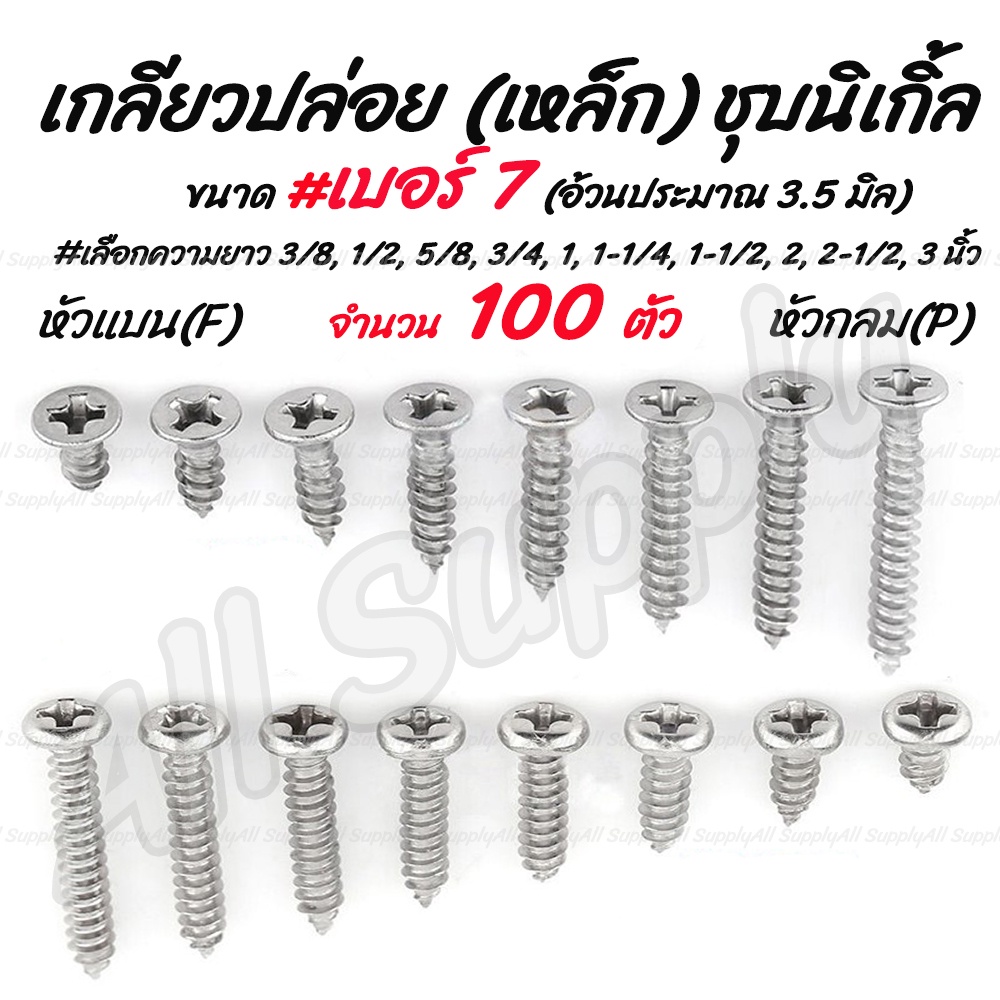 โปรลดพิเศษ (100ตัว) สกรู เกลียวปล่อย เหล็ก ชุบนิเกิ้ล หัวP หัวกลม/ หัวF หัวแบน #เบอร์7 #เลือกความยาว 3/8 ถึง 2นิ้ว