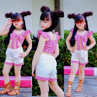 เซ็ตลายสก๊อตเสื้อโบว์หน้า + กางเกงขาสั้น