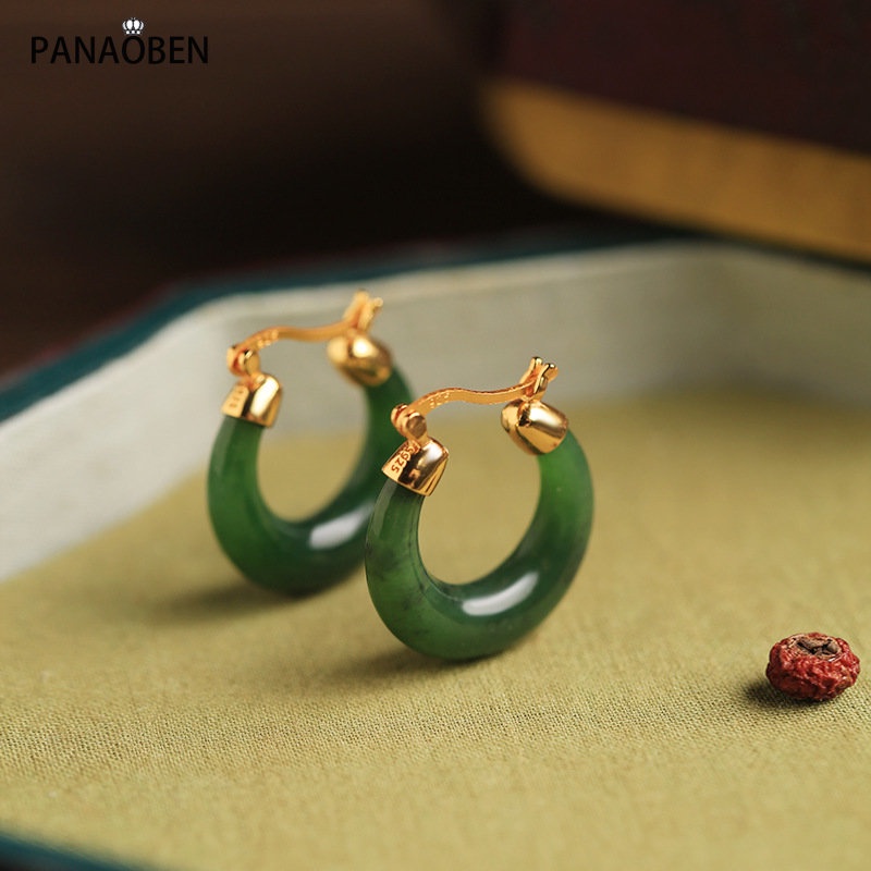 Designer Original ธรรมชาติ Hetian Jasper Hoop ต่างหูหญิงคุณภาพสูงสดโบราณ Rhyme อาหารค่ําเครื่องประดับของขวัญ