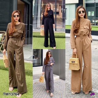 **ติดตามร้านลด 20บ.**แชทถามสต๊อกก่อนโอนนะคะ*TW13764  Jumpsuit จั๊มสูทยาว คอกลม แขนยาวปลายแขนมีกระดุม ดีเทล