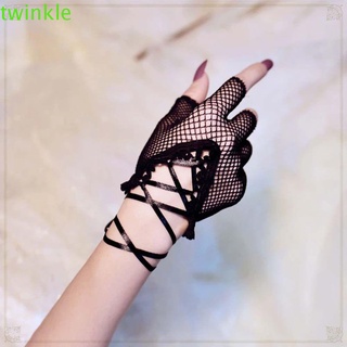 Twinkle1 ถุงมือตาข่ายลูกไม้ ระบายอากาศ สีดํา เซ็กซี่ สไตล์พังก์ แฟชั่นสําหรับผู้หญิง