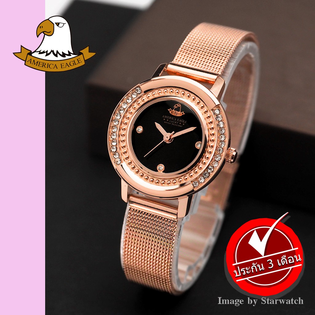 AMERICA EAGLE นาฬิกาข้อมือผู้หญิง สายสแตนเลส รุ่น AE102L - PinkGold / Black