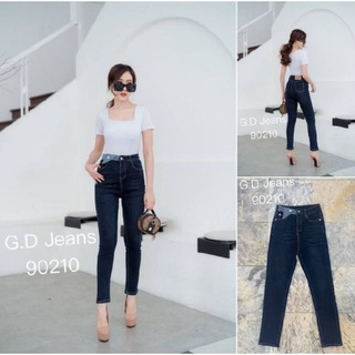 G.D.Jeans รุ่น 90210#กางเกงยีนส์แฟชั่นขายาวผ้ายืดฮ่องกงสีเข้มเอวสูงทรงเรียบแต่งดีเทลข้างขอบเอวแบบเก๋