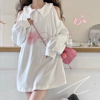 ✨เสื้อยืดแขนยาวเปิดไหล่สไตล์เกาหลีพลัสไซส์ เนื้อผ้าหนานุ่ม💕น่ารักสไตล์​เกาหลี