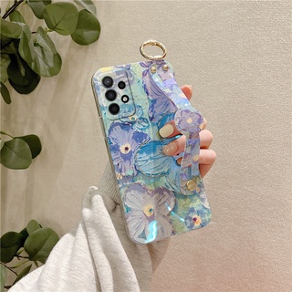 เคส Fashion Blu-ray Casing Samsung Galaxy A53 A73 A33 A23 A13 LTE A52S A52 A03 A22 M23 M33 S22 S21 + Ultra Plus FE 5G 4G Painting Purple Flower Handphone Case with Lanyard Wristband เคสโทรศัพท์