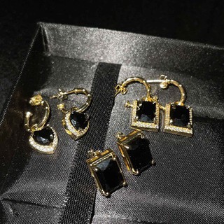 ต่างหูแฟชั่น จี้หัวใจ อัญมณีสีดำ Luxury Design 18K Gold-Plated Earring