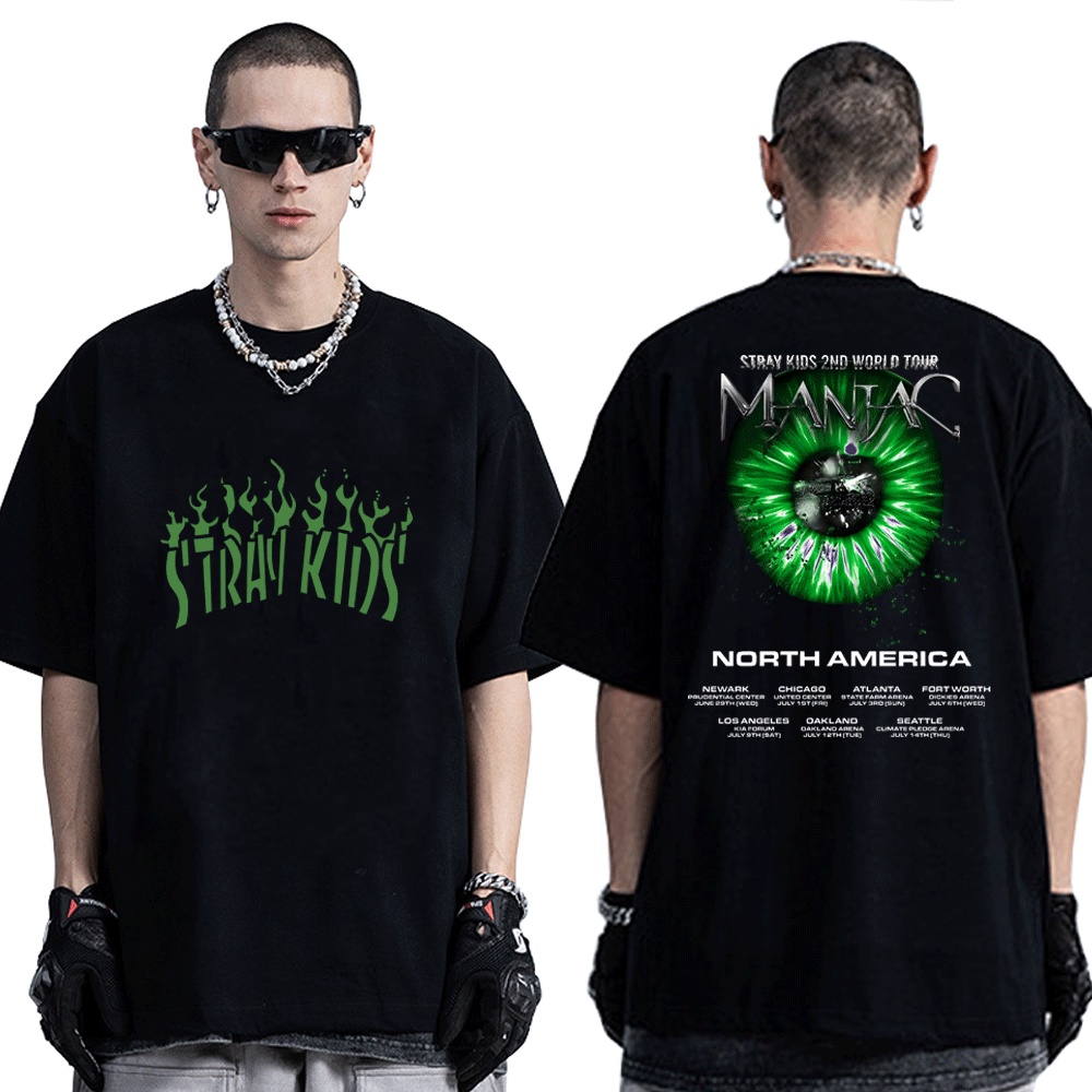 คอลูกเรือเสื้อยืดคอกลมKPOP StrayKids 2nd World Tour Maniac เดียวกันผ้าฝ้ายเสื้อยืด Plus ขนาด Streetw