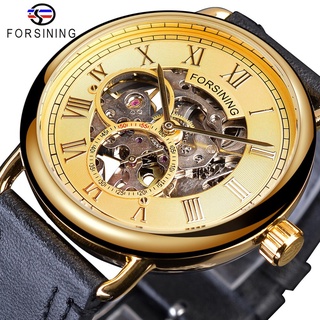 Forsining Golden Gear Movement Transparent Case Roman Retro Design Mens Mechanical Skeleton Genuine Leather Belt Men Wri