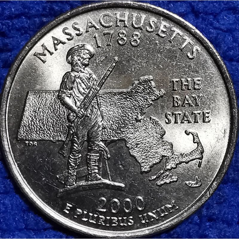 เหรียญสหรัฐ​อเมริกา​ USA, 1​ Quarter, (Massachusetts), #​1728E, ชุด​ State Quarter,​ ใช้แล้ว