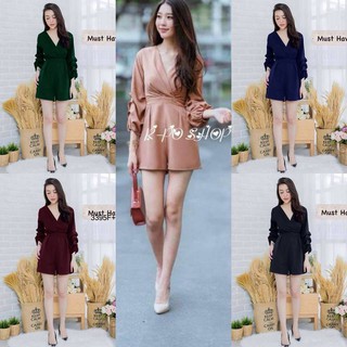 Jumpsuit คอวีป้ายหน้า (โค้ดช้อปฟรี 130 บาท)