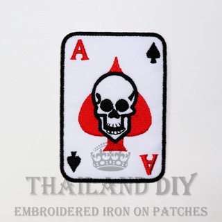 ตัวรีดติดเสื้อ ลายไพ่ หน้าไพ่ เอซ กะโหลก โพธิ์แดง Skull Ace of spade Poker card Patch งานปัก WOP DIY ตัวรีด อาร์มติดเสือ