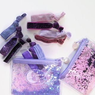 Moon purse set (10 pieces of pink-purple hairties) เซทกระเป๋าพร้อมยางรัดผม