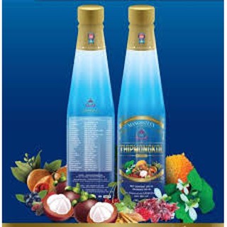 น้ำมังคุดพนารินทร์ ผสมน้ำผลไม้และสมุนไพร24 ชนิด โดยทิพย์มงคล น้ำมังคุดขวดสีฟ้า