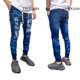 JEANSEXPRESS Jogger skinny Jeans กางเกงยีนส์ สีบลูฟอกแต่งขาด ขาจั้มเอวยางมีเชือกทรงสกินนี่ Size 26-36 รับชำระปลายทาง