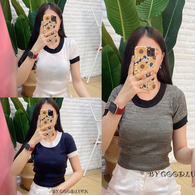 SpinnyHouse เสื้อทูโทน คอกลม ผ้าไหมพรม รุ่นฮิตตลอดค่า สไตล์วินเทจ แมทช์ กับกางเกง เอวลอย2สี ครอป2สี D303D